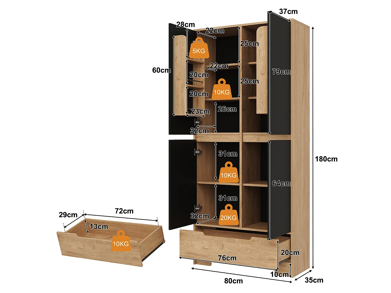 Armoire de cuisine avec 1 tiroir, étagères réglables et 4 portes - MDF et panneaux de particules - 80 x 35 x 180 cm - Noir