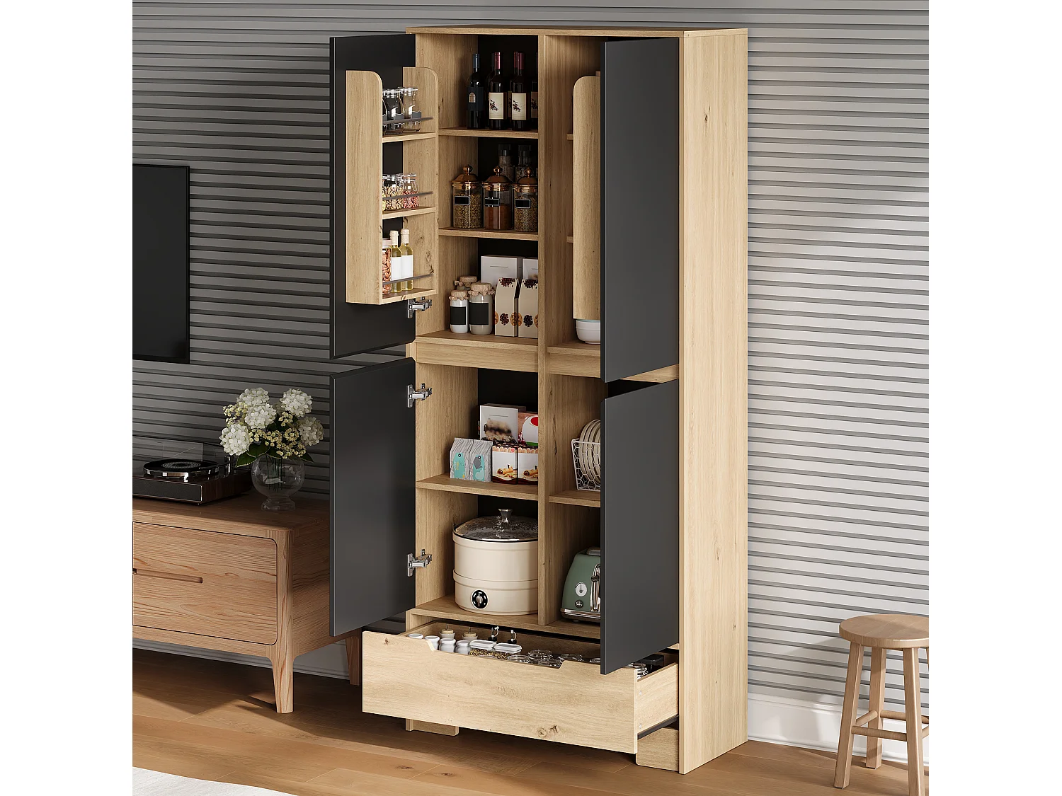 Armoire de cuisine avec 1 tiroir, étagères réglables et 4 portes - MDF et panneaux de particules - 80 x 35 x 180 cm - Noir