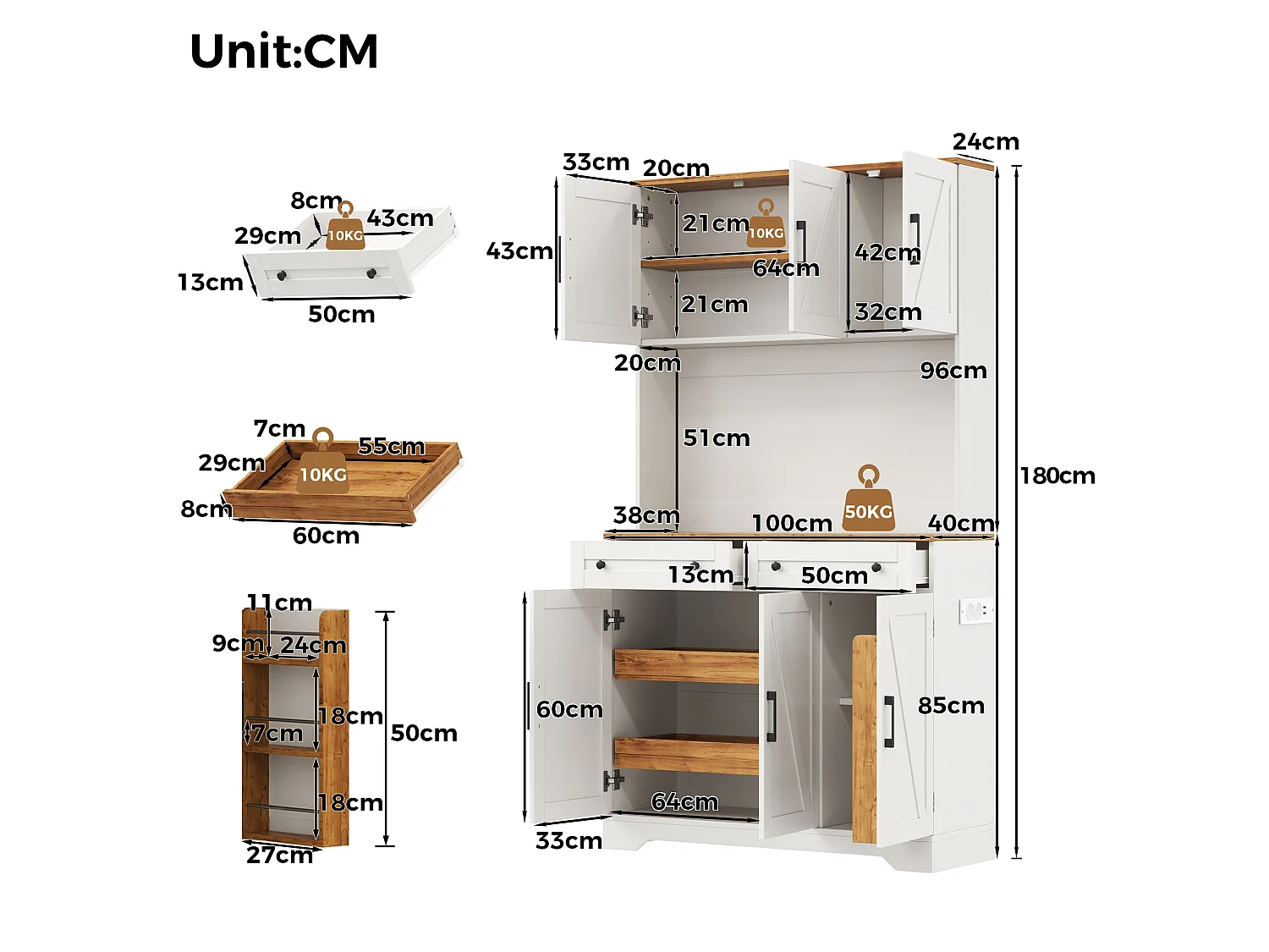 Hoge keukenkast met ledverlichting, 6 deuren, 2 lades, uitschuifbaar opbergsysteem, 2 stopcontacten en 2 USB-poorten - MDF - 100x40x180 cm - Wit