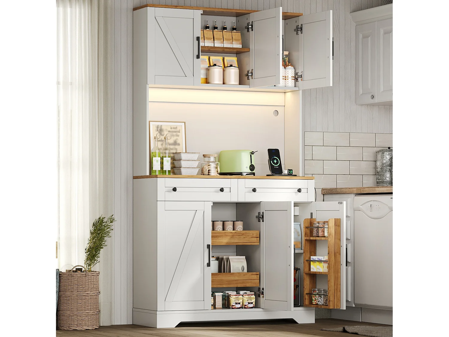Hoge keukenkast met ledverlichting, 6 deuren, 2 lades, uitschuifbaar opbergsysteem, 2 stopcontacten en 2 USB-poorten - MDF - 100x40x180 cm - Wit