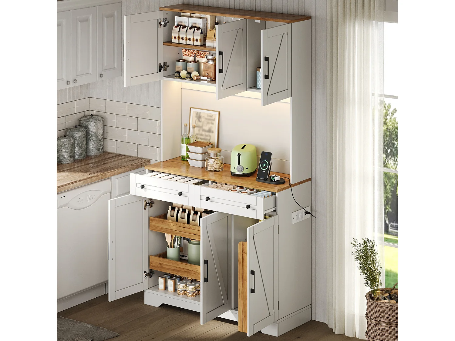 Hoge keukenkast met ledverlichting, 6 deuren, 2 lades, uitschuifbaar opbergsysteem, 2 stopcontacten en 2 USB-poorten - MDF - 100x40x180 cm - Wit