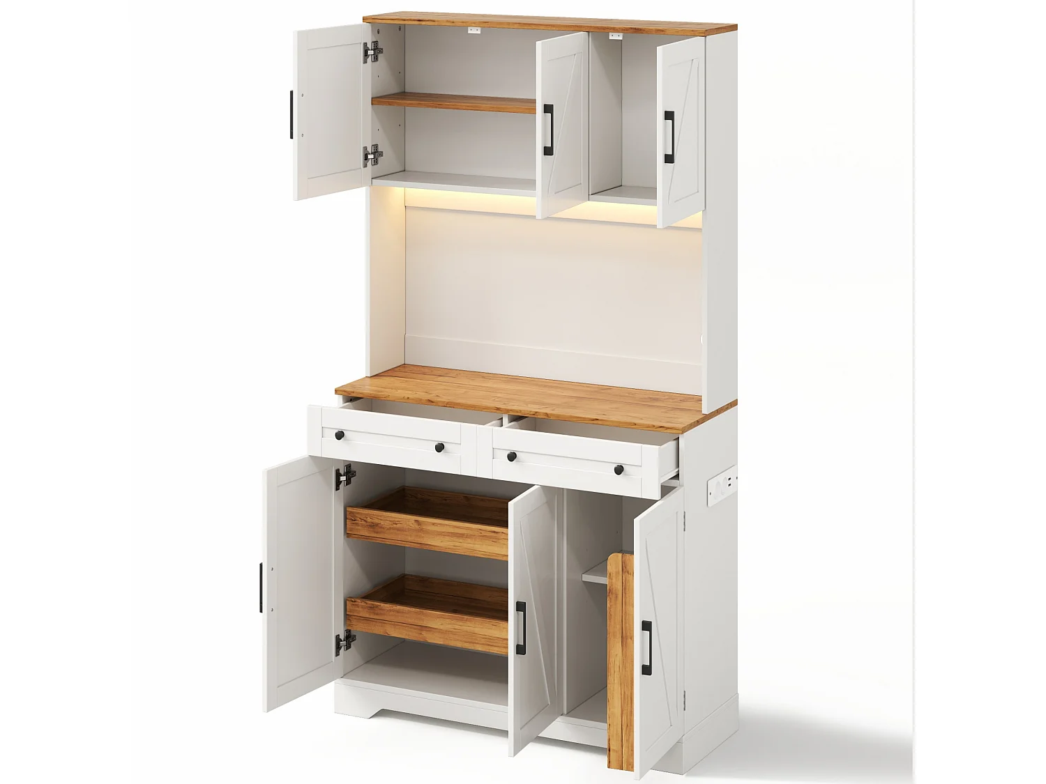 Hoge keukenkast met ledverlichting, 6 deuren, 2 lades, uitschuifbaar opbergsysteem, 2 stopcontacten en 2 USB-poorten - MDF - 100x40x180 cm - Wit