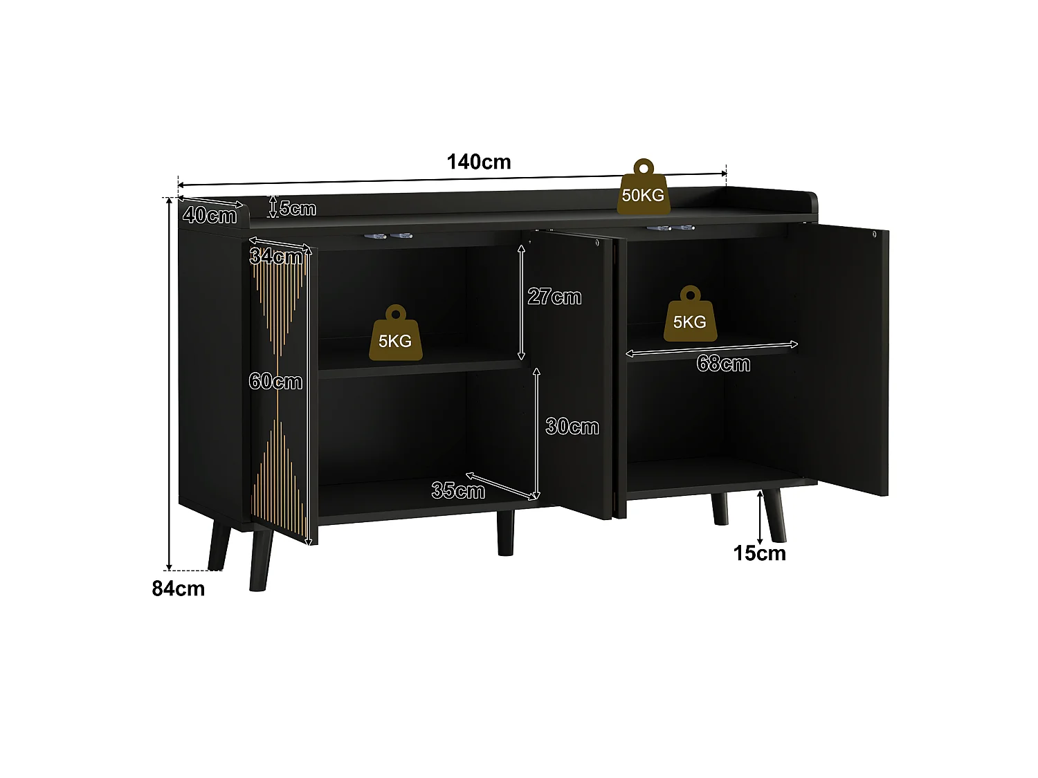 Buffet bas de cuisine avec 4 portes et étagères réglables - MDF - 140 x 40 x 84 cm - Noir