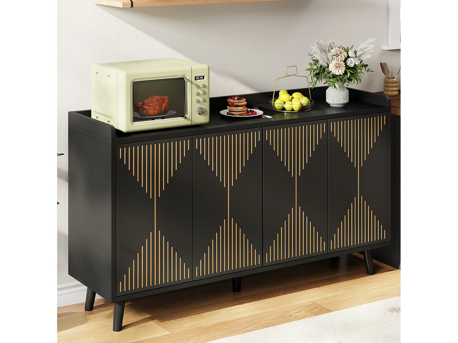 Buffet bas de cuisine avec 4 portes et étagères réglables - MDF - 140 x 40 x 84 cm - Noir