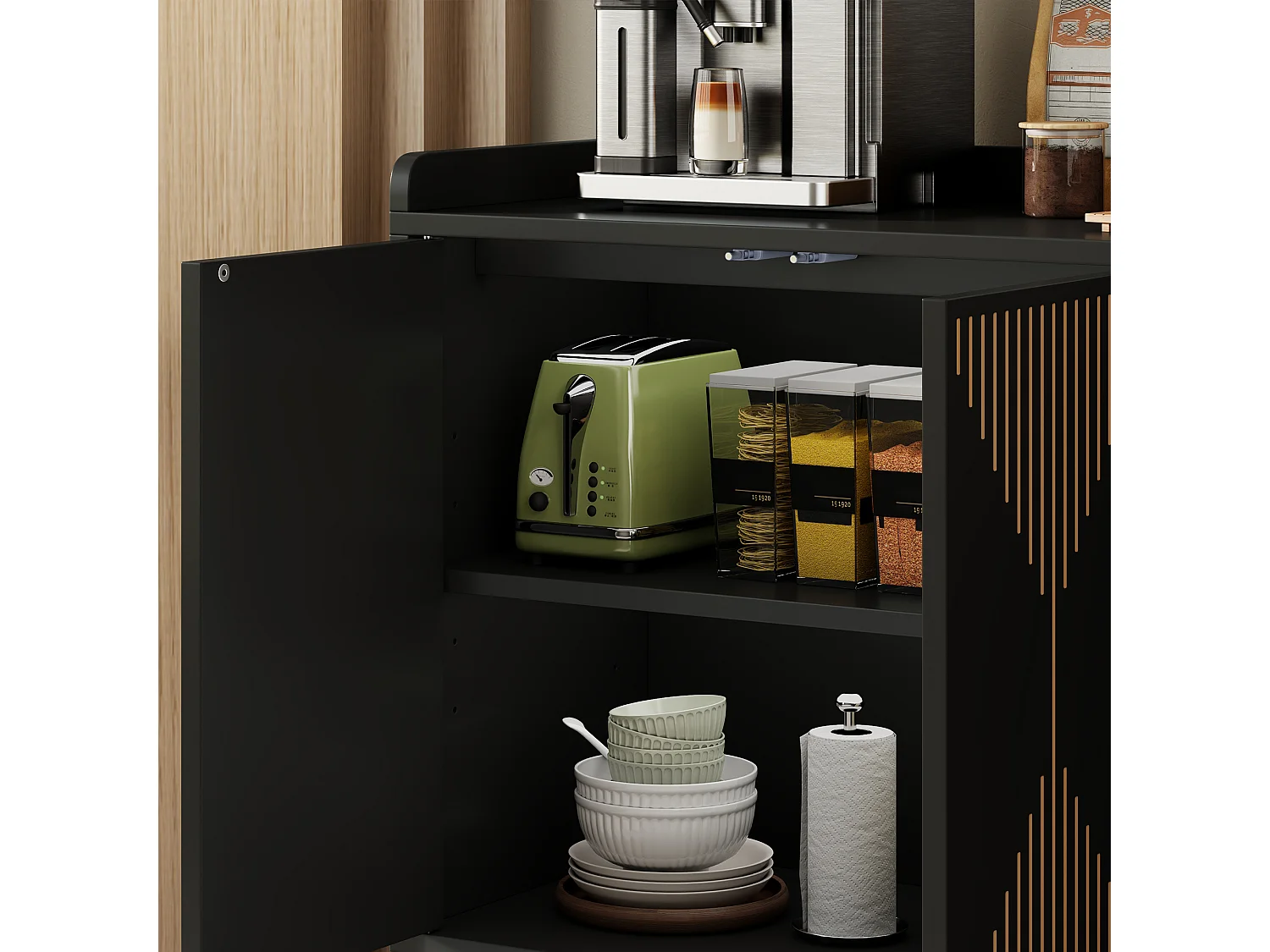 Buffet bas de cuisine avec 4 portes et étagères réglables - MDF - 140 x 40 x 84 cm - Noir