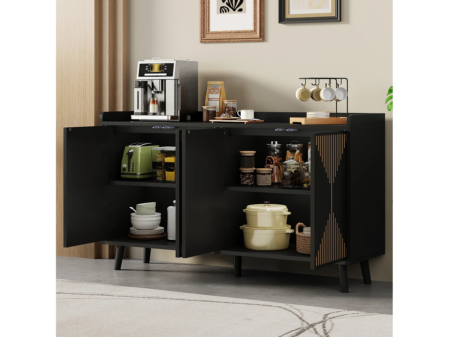 Buffet bas de cuisine avec 4 portes et étagères réglables - MDF - 140 x 40 x 84 cm - Noir