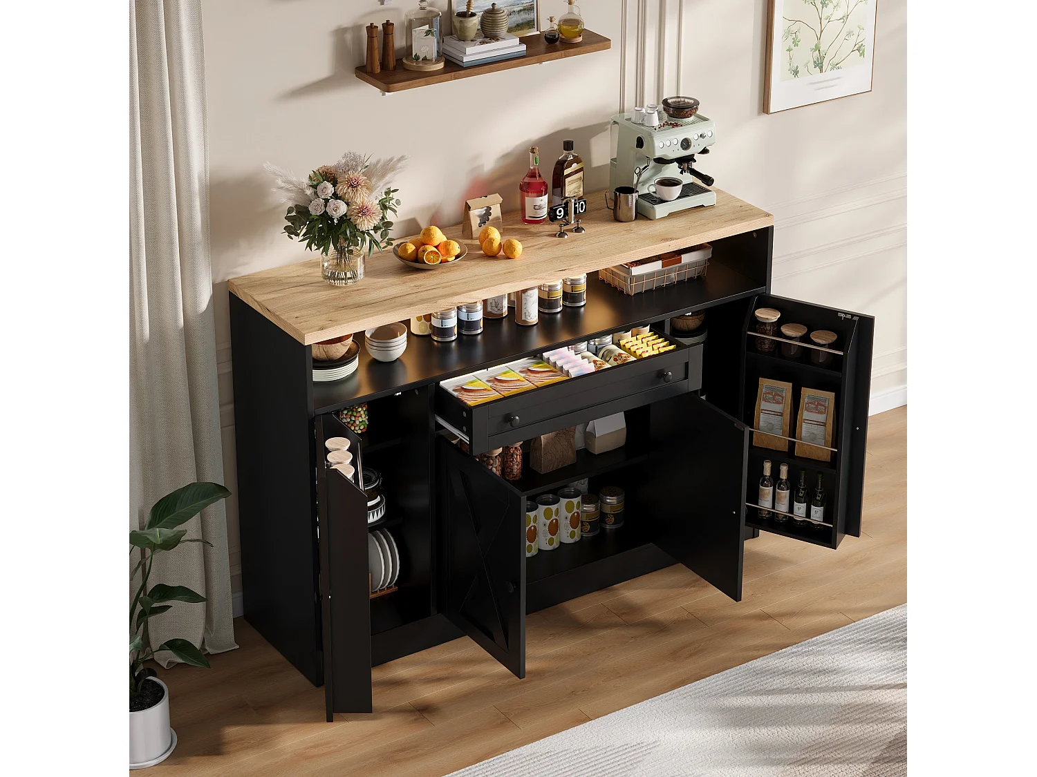 Kitchen sideboard with LED lighting, 1 drawer, door shelves and 4 barn doors - MDF - 140 x 35 x 95 cm - Black