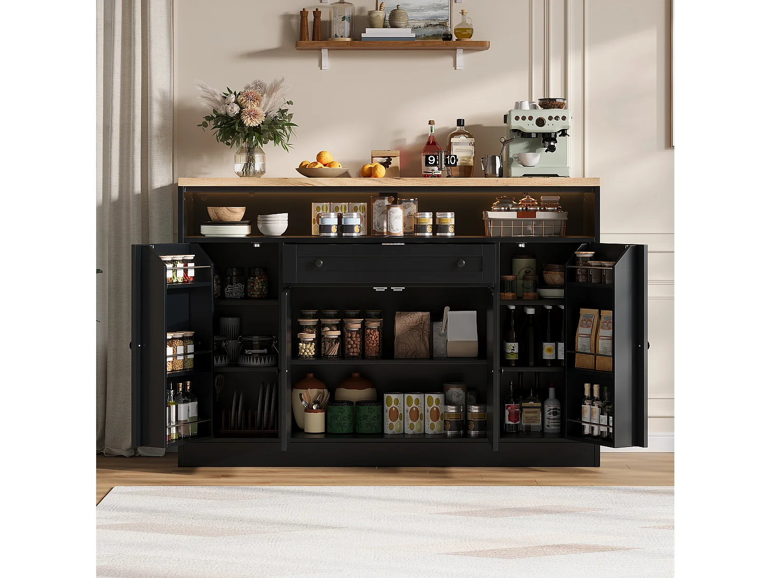 Kitchen sideboard with LED lighting, 1 drawer, door shelves and 4 barn doors - MDF - 140 x 35 x 95 cm - Black