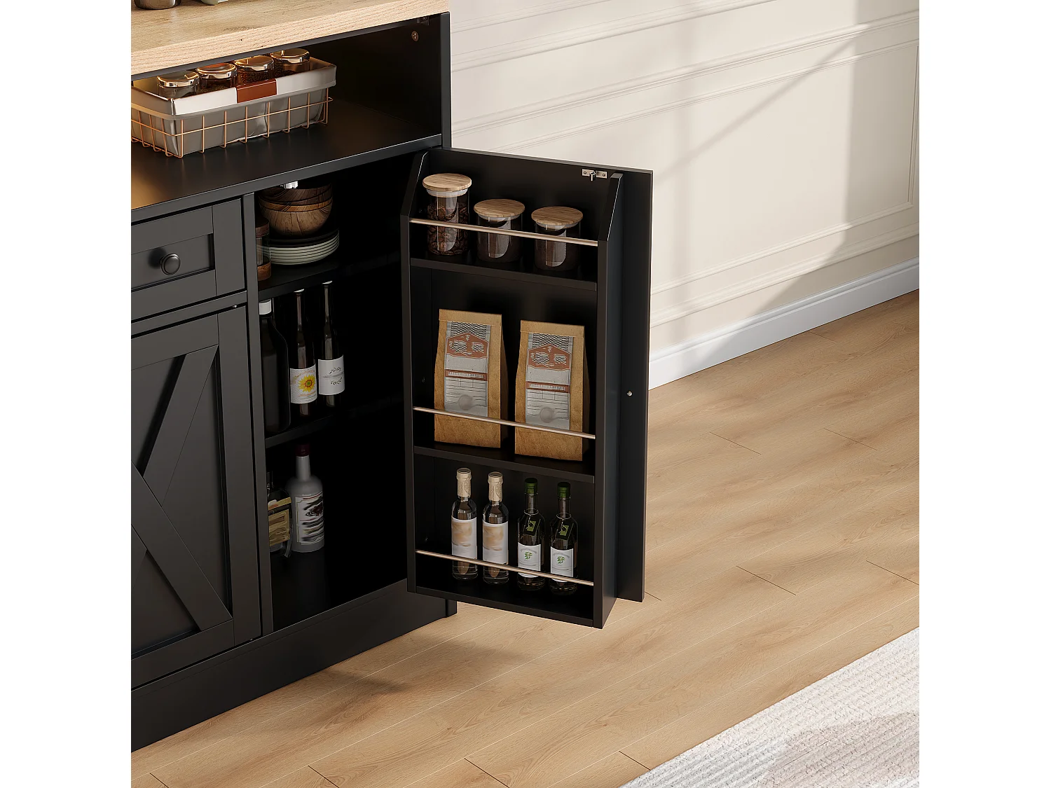 Kitchen sideboard with LED lighting, 1 drawer, door shelves and 4 barn doors - MDF - 140 x 35 x 95 cm - Black