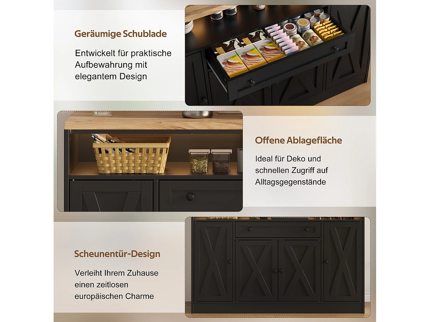Kitchen sideboard with LED lighting, 1 drawer, door shelves and 4 barn doors - MDF - 140 x 35 x 95 cm - Black