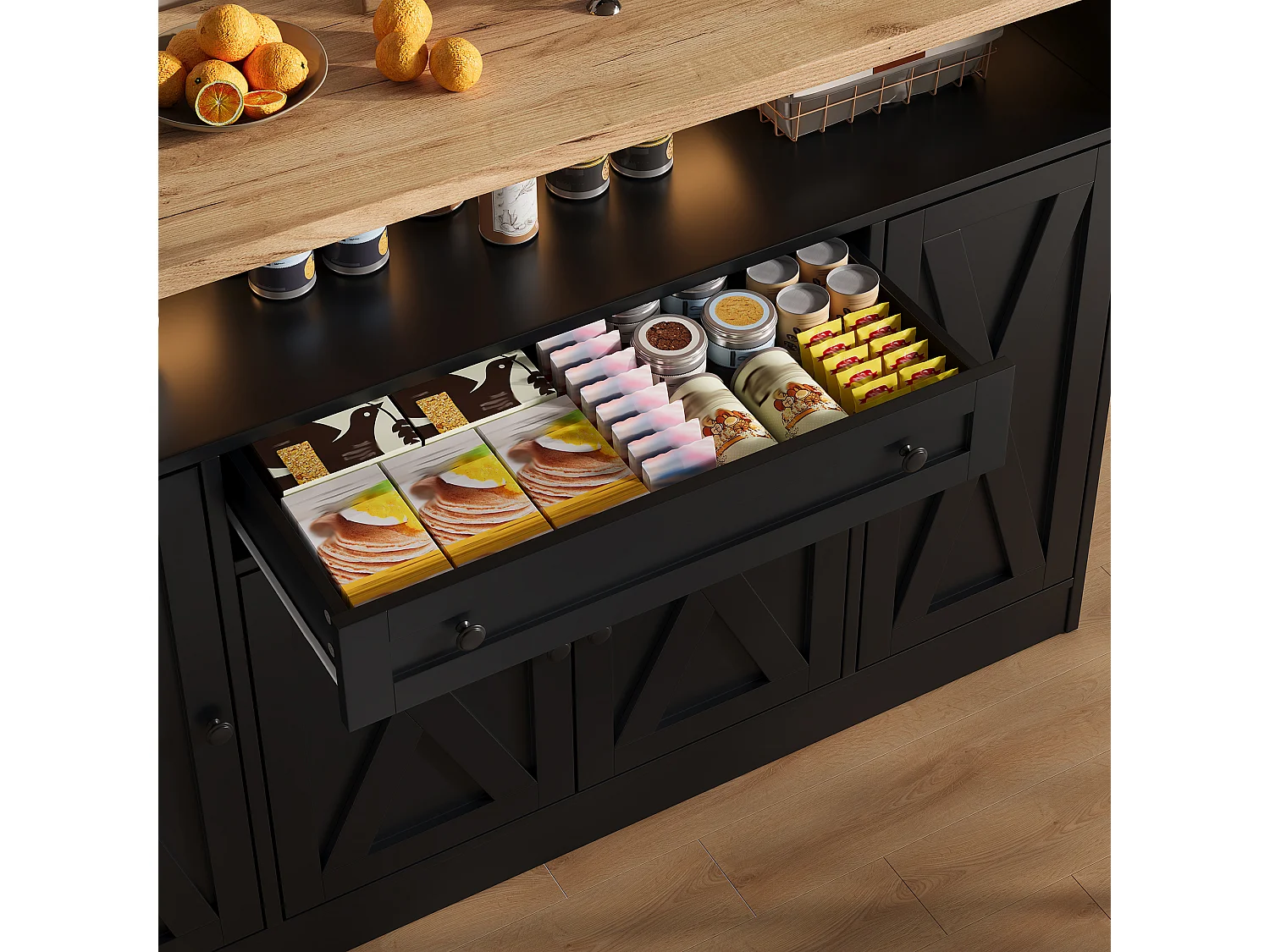 Kitchen sideboard with LED lighting, 1 drawer, door shelves and 4 barn doors - MDF - 140 x 35 x 95 cm - Black