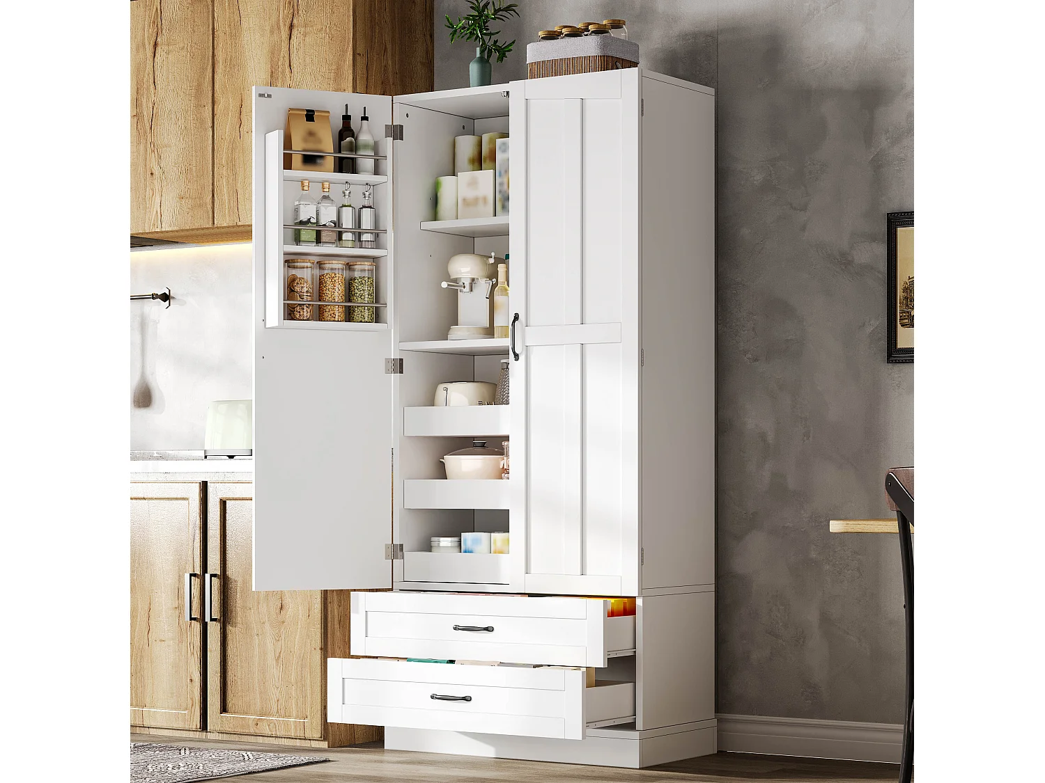Hohes Küchen-Sideboard mit 3 Auszugsböden, 2 Schubladen, 2 Türen und verstellbaren Einlegeböden – MDF – 80 x 37,5 x 180 cm – Weiß