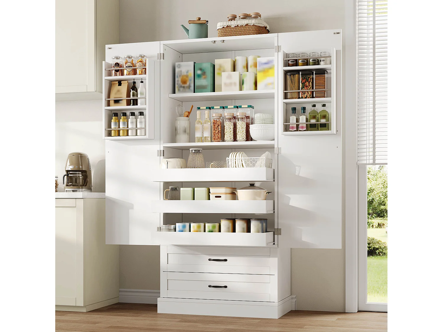 Hohes Küchen-Sideboard mit 3 Auszugsböden, 2 Schubladen, 2 Türen und verstellbaren Einlegeböden – MDF – 80 x 37,5 x 180 cm – Weiß