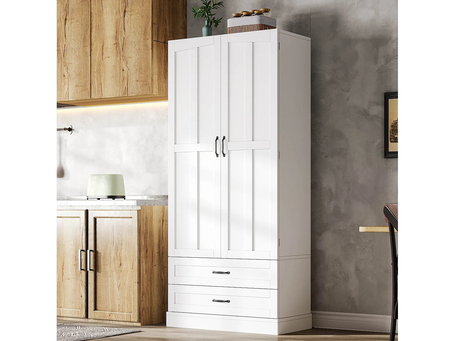 Hohes Küchen-Sideboard mit 3 Auszugsböden, 2 Schubladen, 2 Türen und verstellbaren Einlegeböden – MDF – 80 x 37,5 x 180 cm – Weiß
