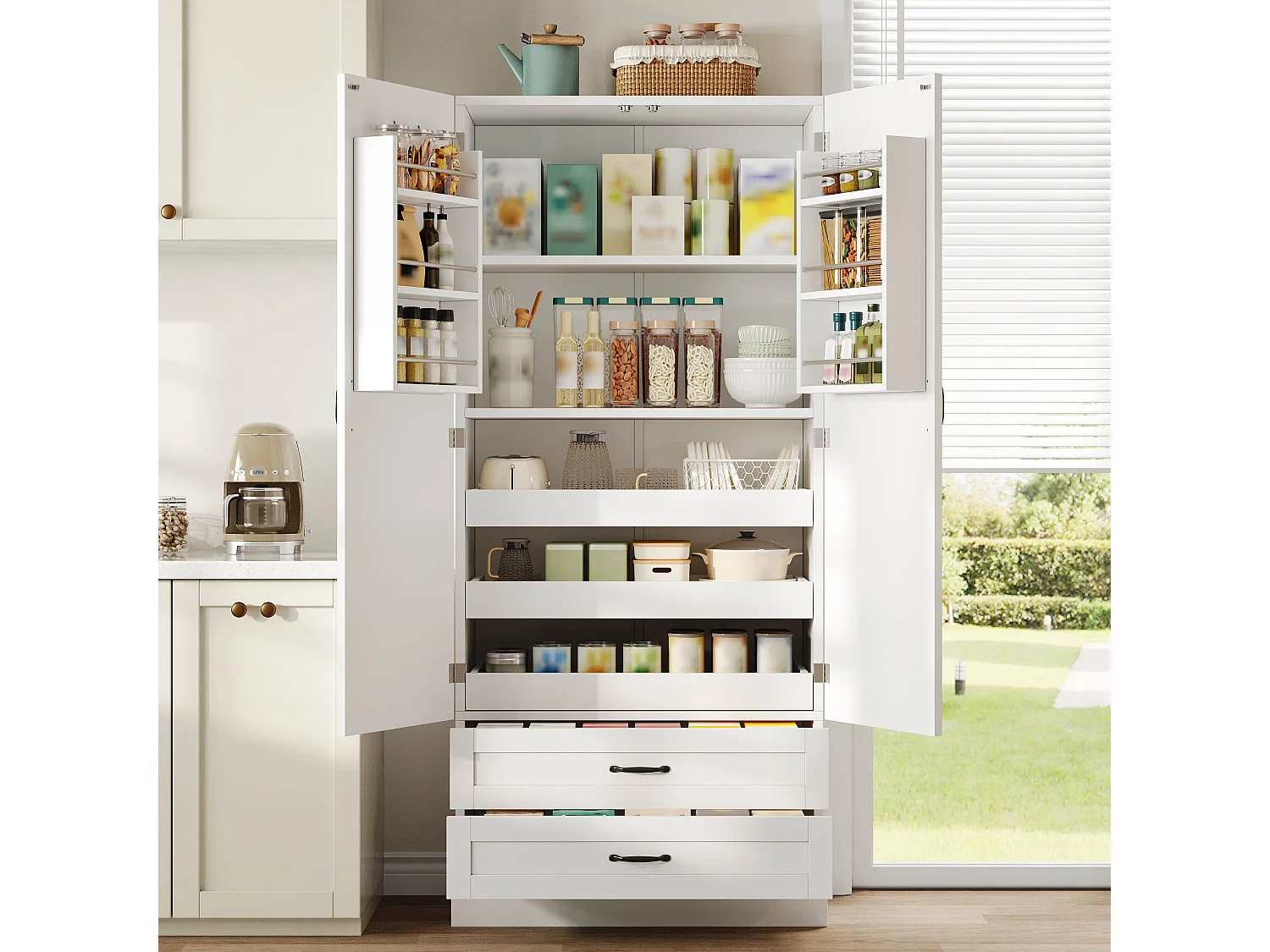 Hohes Küchen-Sideboard mit 3 Auszugsböden, 2 Schubladen, 2 Türen und verstellbaren Einlegeböden – MDF – 80 x 37,5 x 180 cm – Weiß