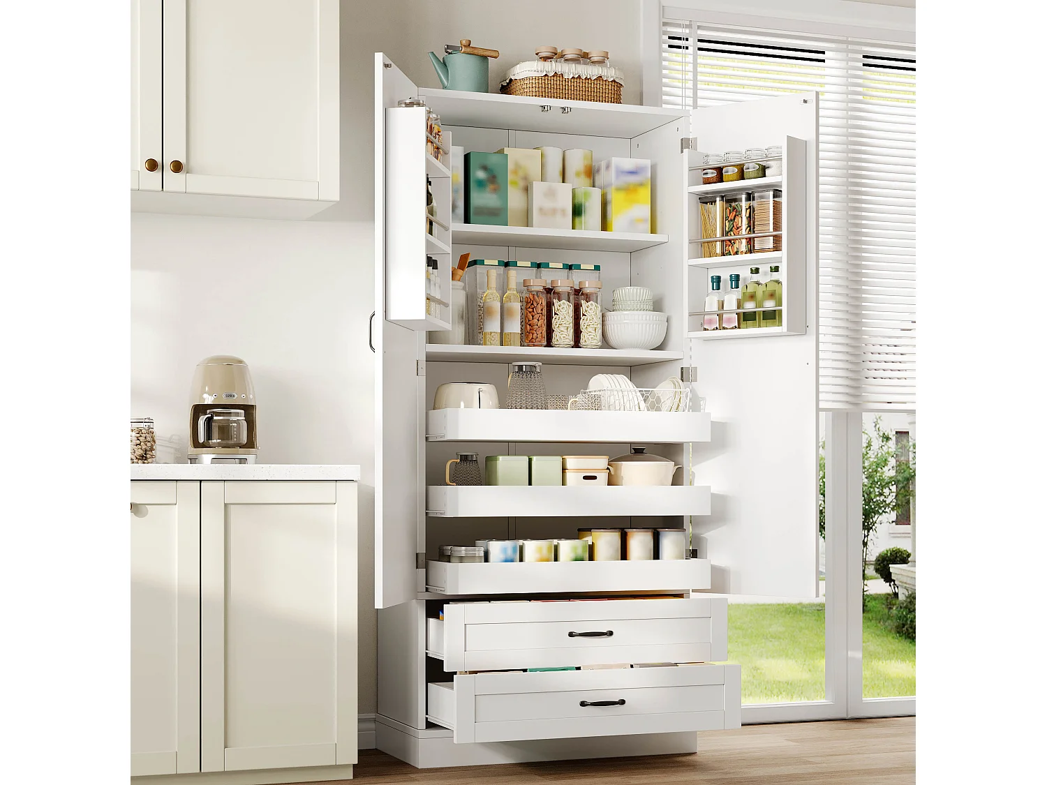 Hohes Küchen-Sideboard mit 3 Auszugsböden, 2 Schubladen, 2 Türen und verstellbaren Einlegeböden – MDF – 80 x 37,5 x 180 cm – Weiß
