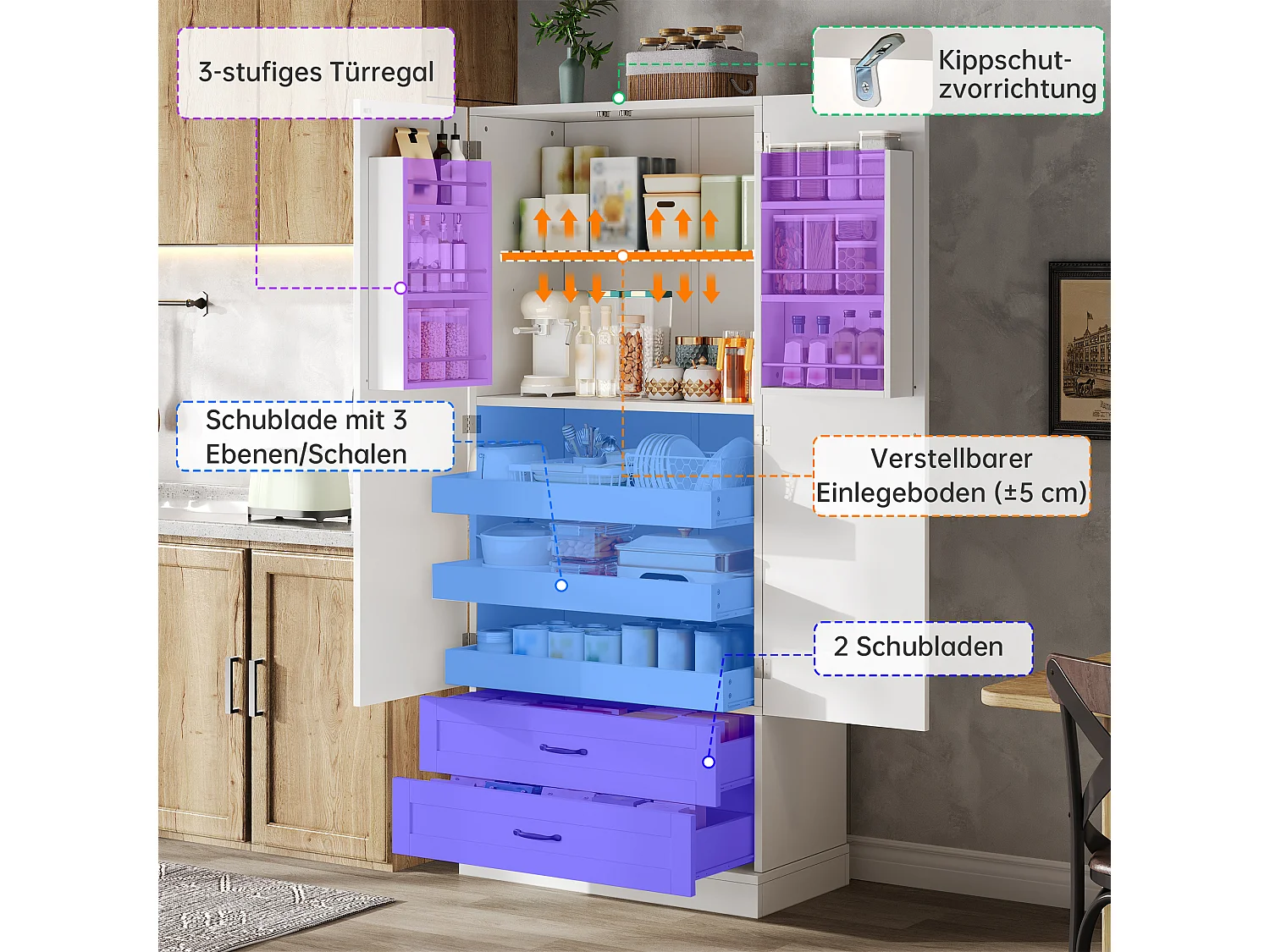 Hohes Küchen-Sideboard mit 3 Auszugsböden, 2 Schubladen, 2 Türen und verstellbaren Einlegeböden – MDF – 80 x 37,5 x 180 cm – Weiß