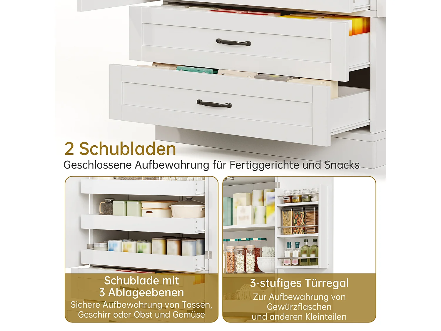 Hohes Küchen-Sideboard mit 3 Auszugsböden, 2 Schubladen, 2 Türen und verstellbaren Einlegeböden – MDF – 80 x 37,5 x 180 cm – Weiß