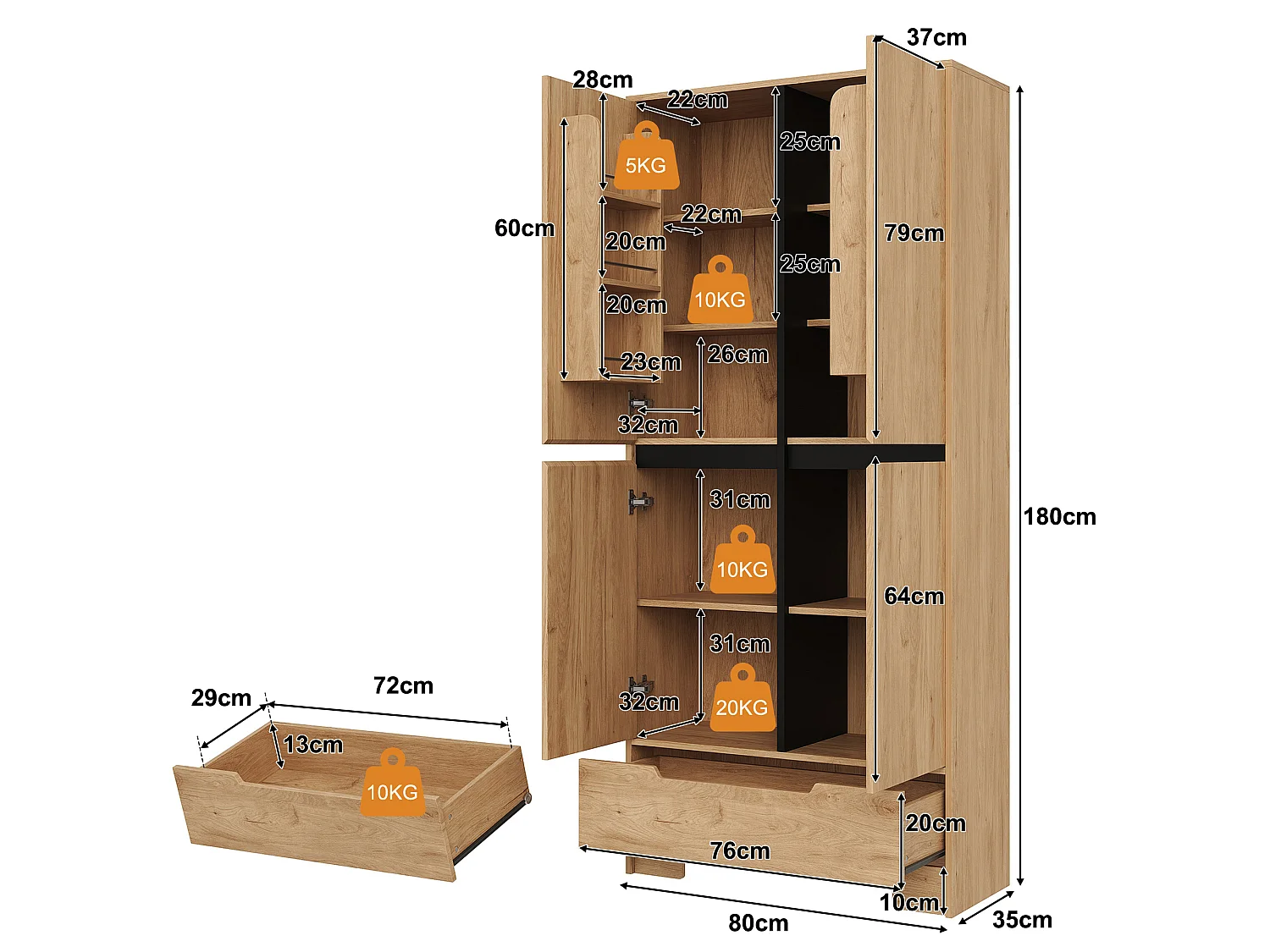 Armoire de cuisine avec 1 tiroir, étagères réglables et 4 portes - MDF et panneaux de particules - 80 x 35 x 180 cm - Naturel