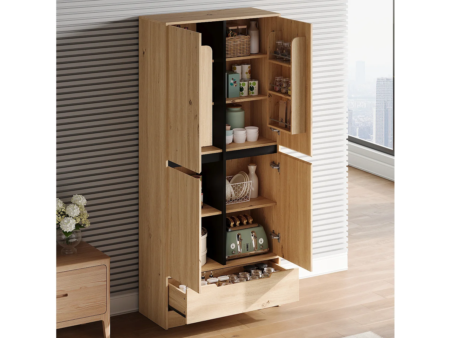 Armoire de cuisine avec 1 tiroir, étagères réglables et 4 portes - MDF et panneaux de particules - 80 x 35 x 180 cm - Naturel