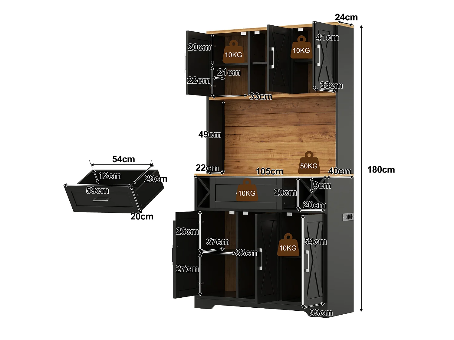 Hoge keukenkast met 1 lade en 6 deuren - LED-verlichting, 2 stopcontacten en 2 USB-poorten - MDF - 105 x 40 x 180 cm - Zwart