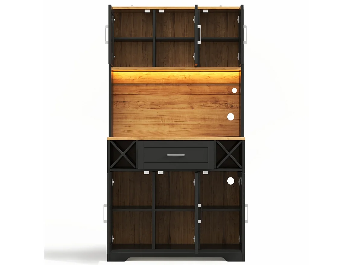 Hoge keukenkast met 1 lade en 6 deuren - LED-verlichting, 2 stopcontacten en 2 USB-poorten - MDF - 105 x 40 x 180 cm - Zwart