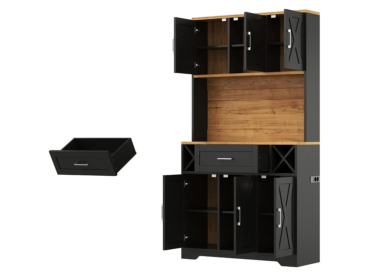 Hoge keukenkast met 1 lade en 6 deuren - LED-verlichting, 2 stopcontacten en 2 USB-poorten - MDF - 105 x 40 x 180 cm - Zwart