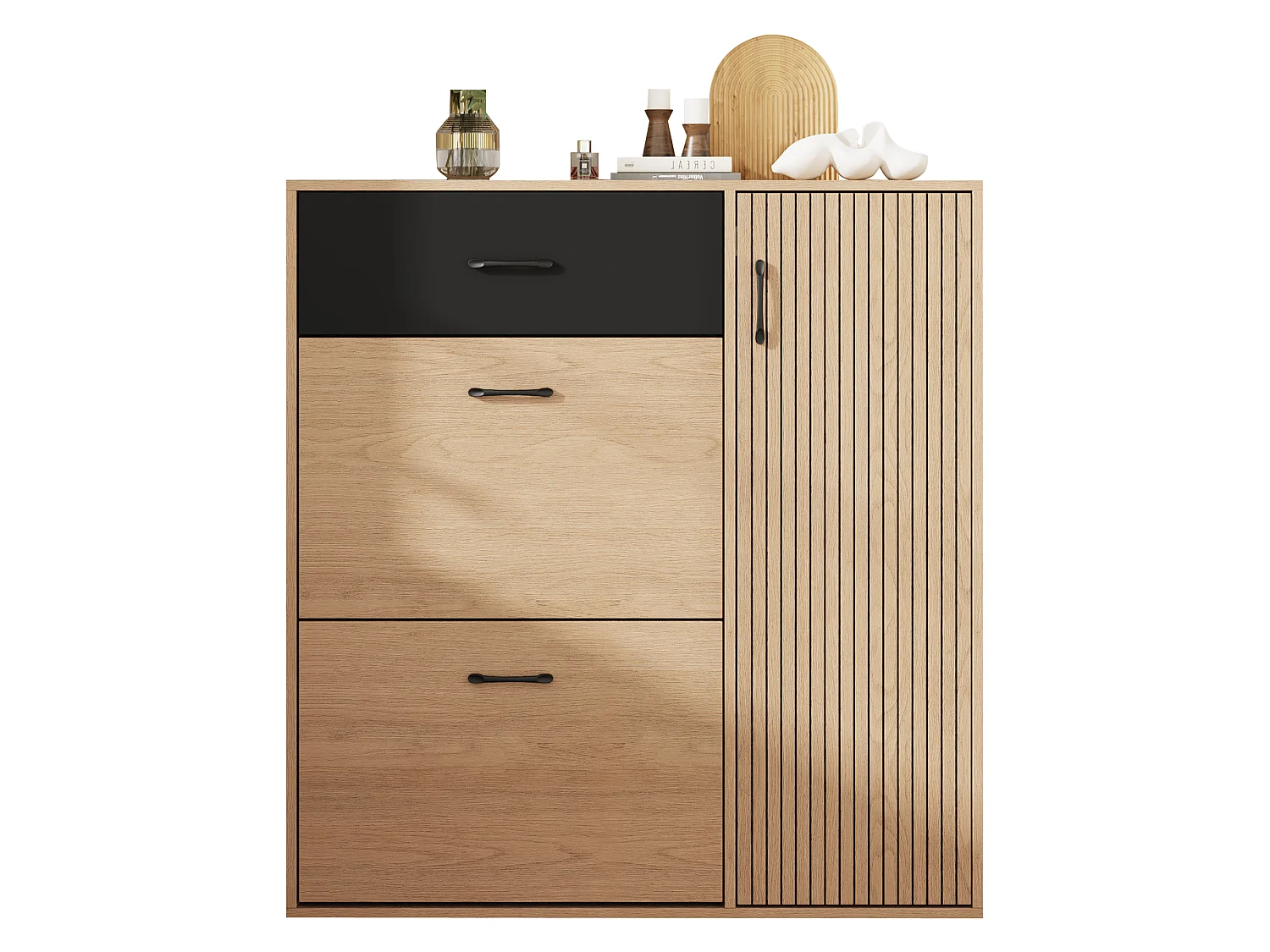 Skoskab med 3 låger (2 med drop-down), 1 skuffe - MDF og spånplade - 100 x 35 x 106 cm - Natur og sort