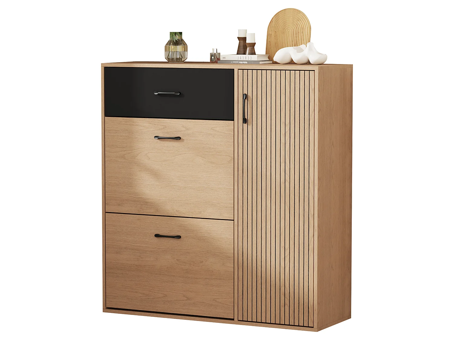 Skoskab med 3 låger (2 med drop-down), 1 skuffe - MDF og spånplade - 100 x 35 x 106 cm - Natur og sort