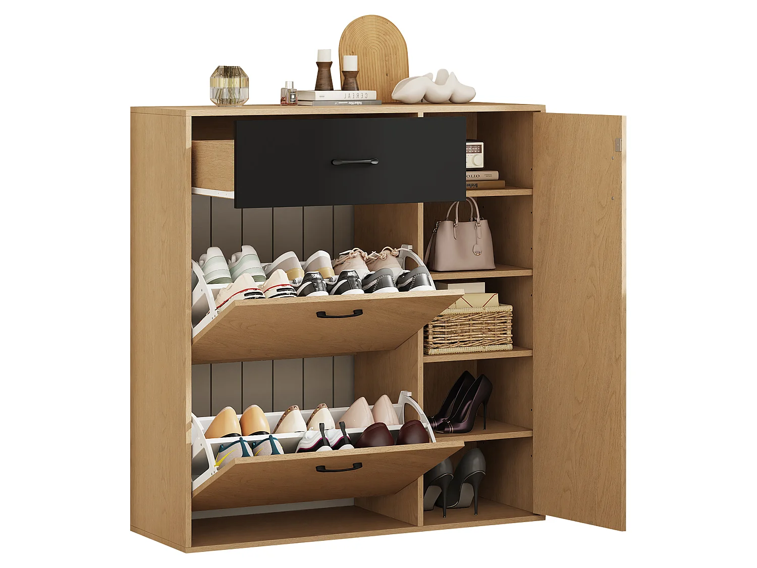 Skoskab med 3 låger (2 med drop-down), 1 skuffe - MDF og spånplade - 100 x 35 x 106 cm - Natur og sort