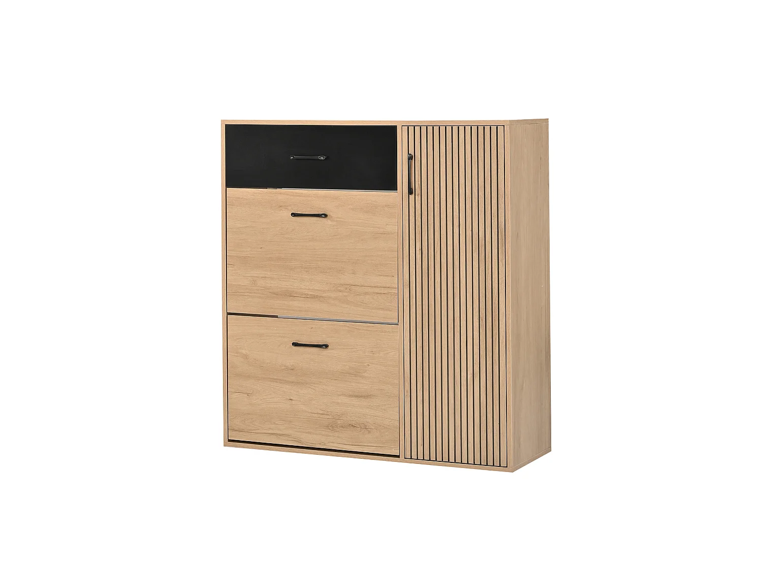 Skoskab med 3 låger (2 med drop-down), 1 skuffe - MDF og spånplade - 100 x 35 x 106 cm - Natur og sort