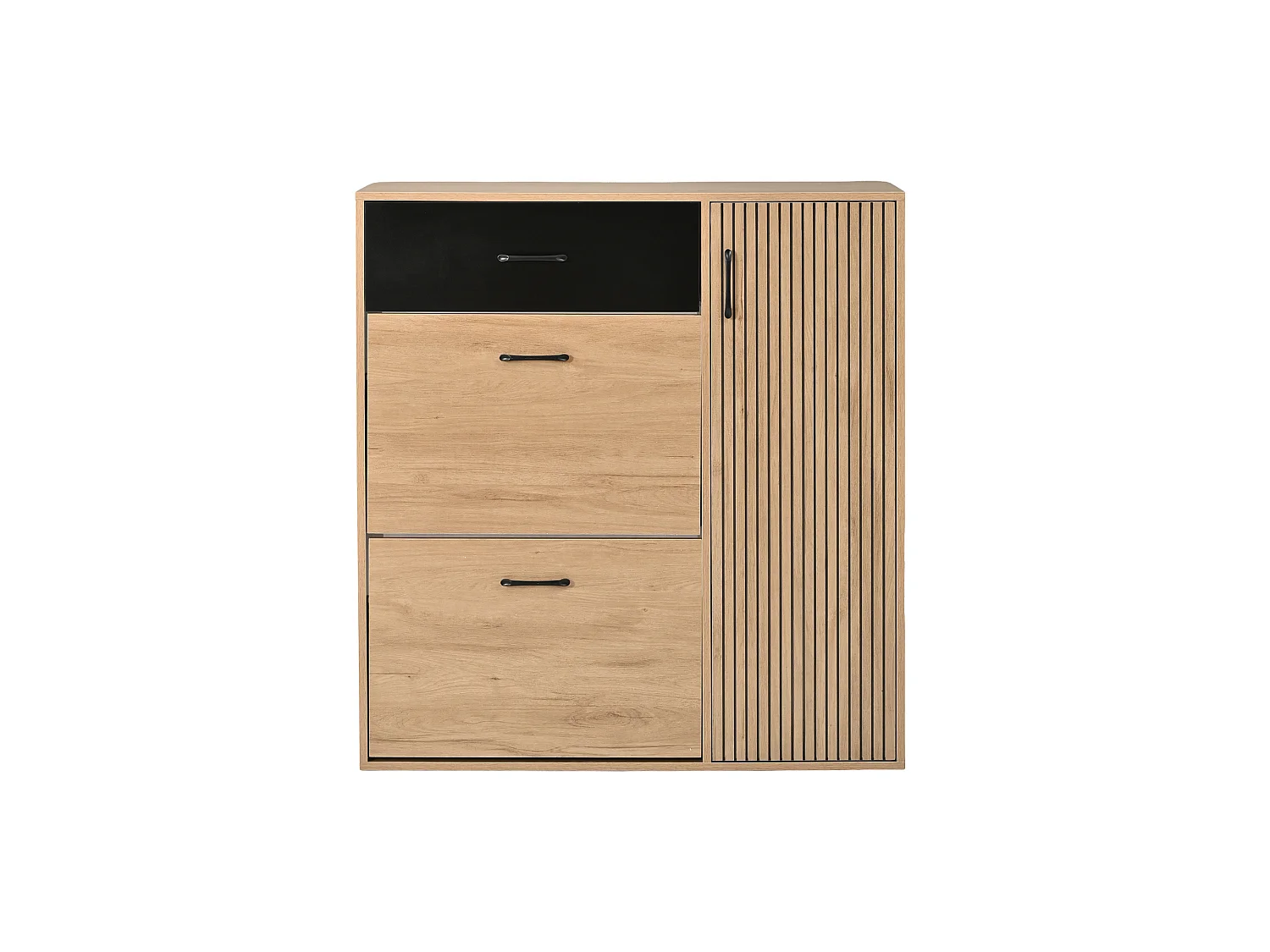 Skoskab med 3 låger (2 med drop-down), 1 skuffe - MDF og spånplade - 100 x 35 x 106 cm - Natur og sort