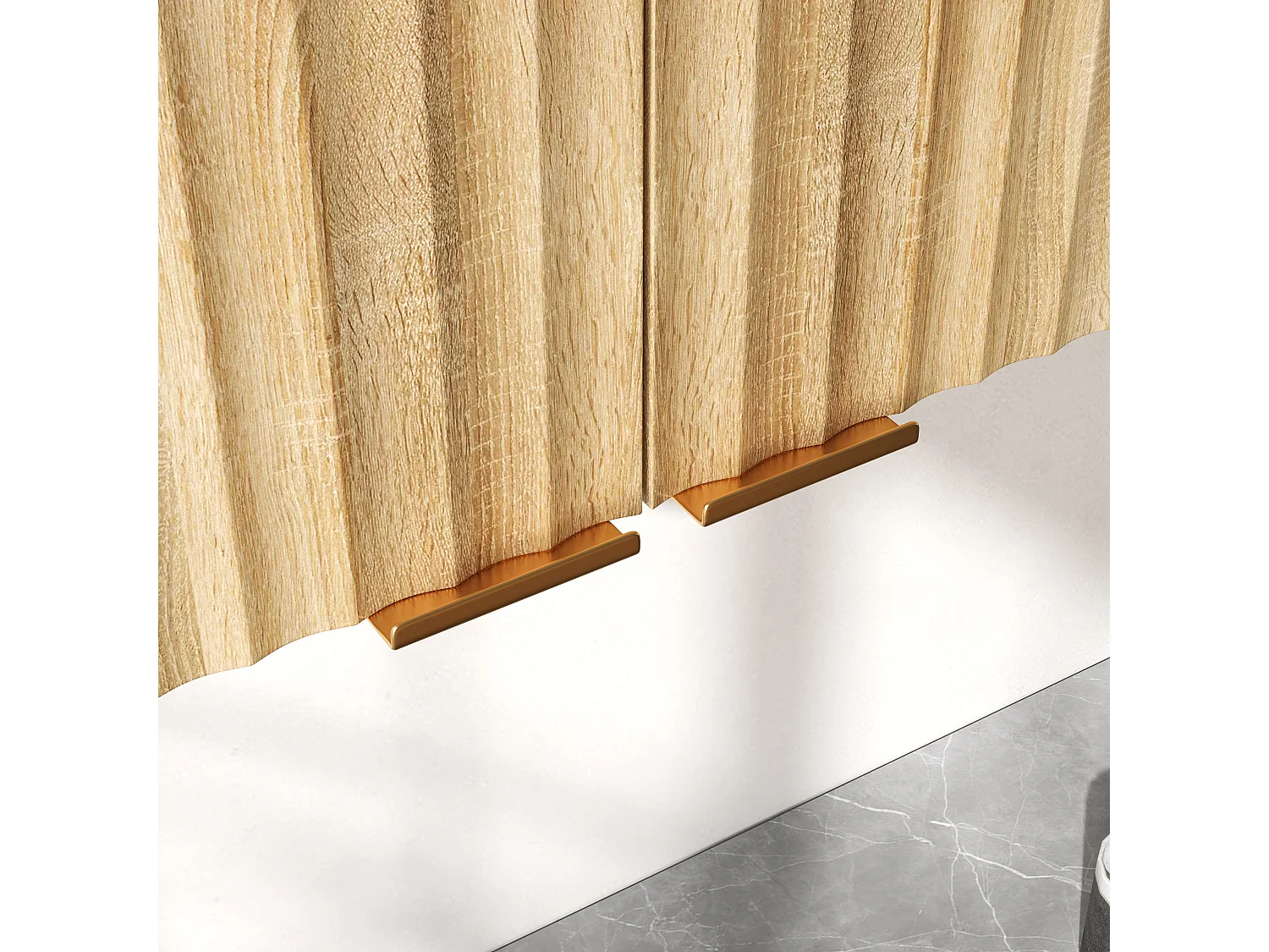 Buffet mural de cuisine avec 3 portes à lattes et poignées dorées - MDF - 90 x 29 x 60 cm - Bois naturel