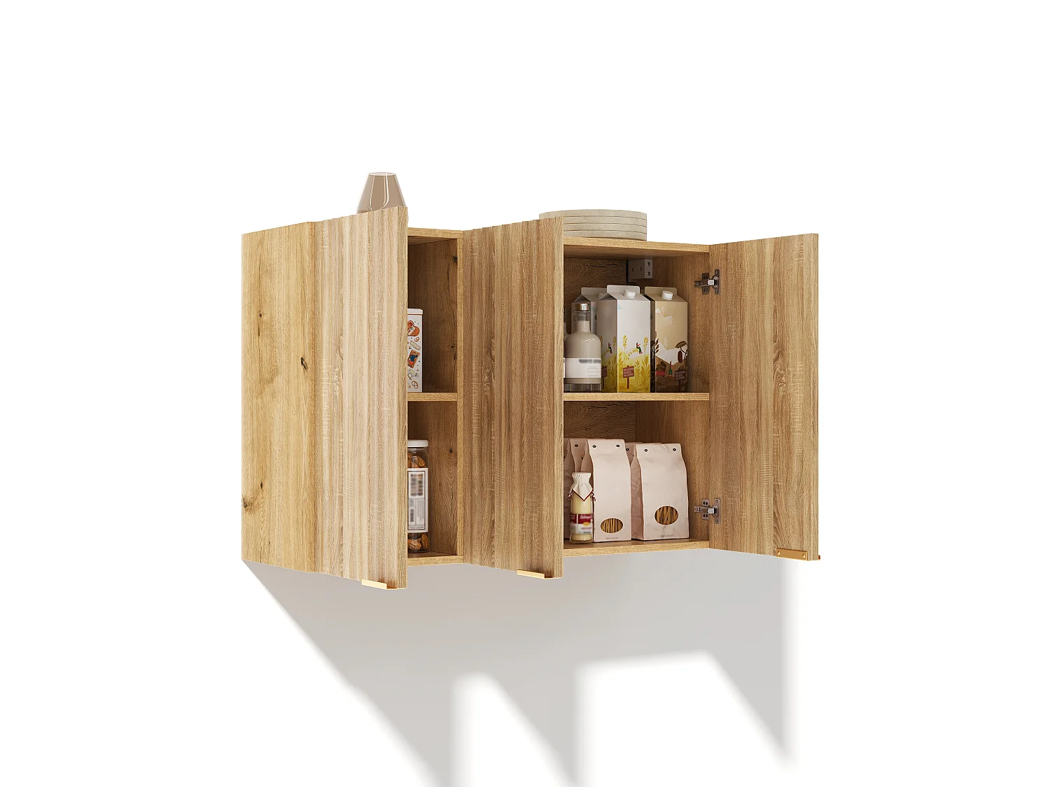 Buffet mural de cuisine avec 3 portes à lattes et poignées dorées - MDF - 90 x 29 x 60 cm - Bois naturel