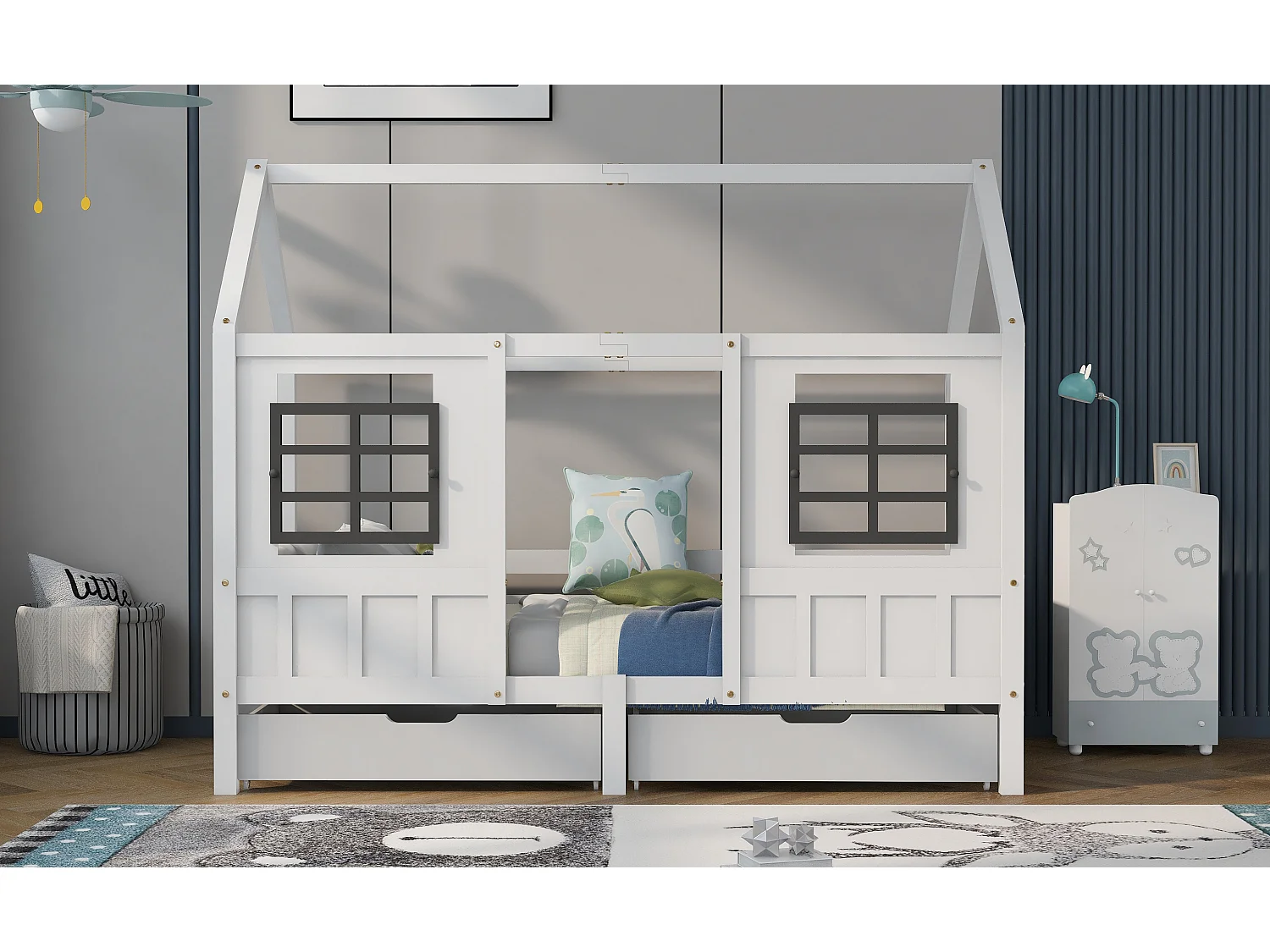 Lit cabane 90 x 200 cm avec 2 tiroirs et 2 fenêtres - Pin + MDF - Sommier à lattes inclus - Blanc (Sans matelas)