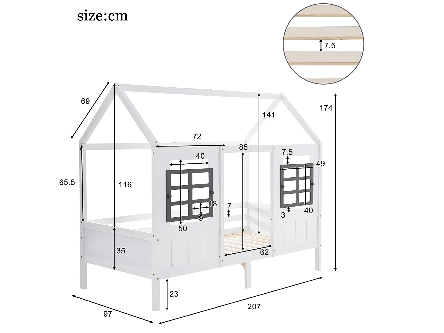 Lit cabane 90 x 200 cm avec 2 tiroirs et 2 fenêtres - Pin + MDF - Sommier à lattes inclus - Blanc (Sans matelas)