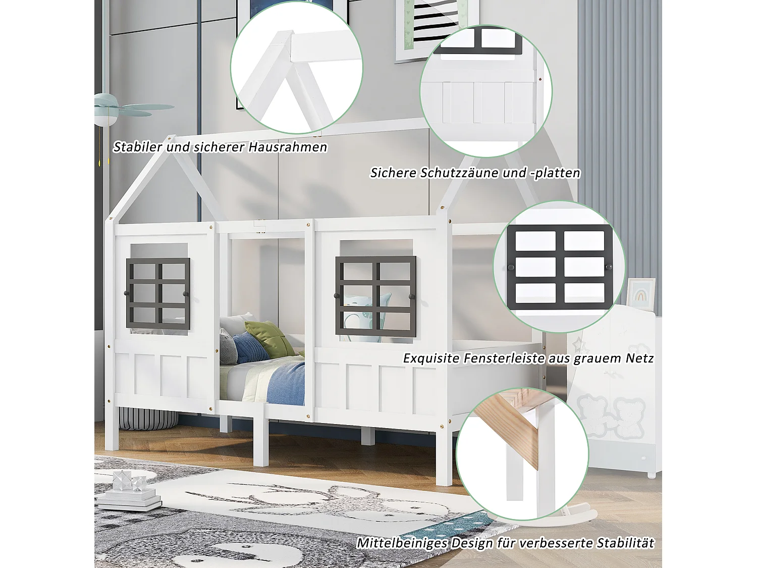 Lit cabane 90 x 200 cm avec 2 tiroirs et 2 fenêtres - Pin + MDF - Sommier à lattes inclus - Blanc (Sans matelas)