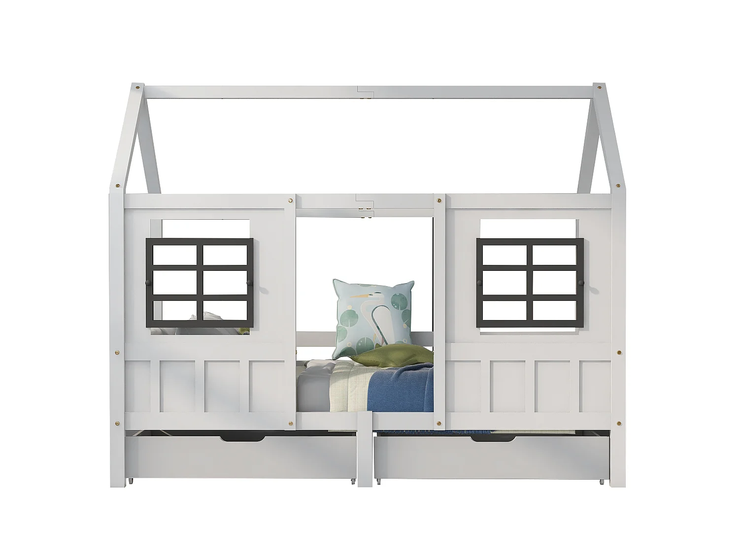 Lit cabane 90 x 200 cm avec 2 tiroirs et 2 fenêtres - Pin + MDF - Sommier à lattes inclus - Blanc (Sans matelas)