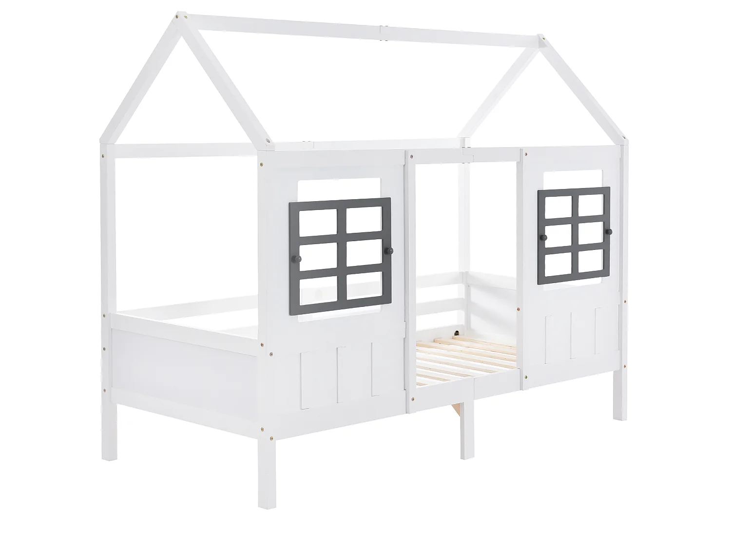 Lit cabane 90 x 200 cm avec 2 tiroirs et 2 fenêtres - Pin + MDF - Sommier à lattes inclus - Blanc (Sans matelas)