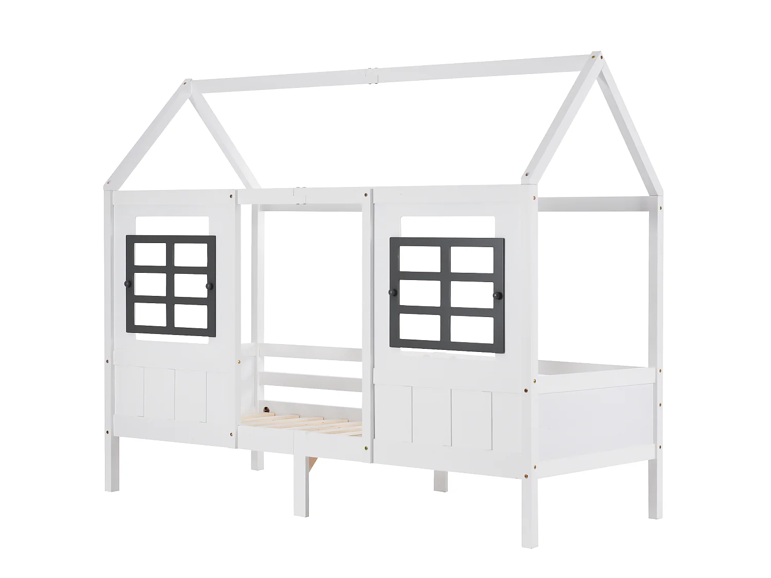 Lit cabane 90 x 200 cm avec 2 tiroirs et 2 fenêtres - Pin + MDF - Sommier à lattes inclus - Blanc (Sans matelas)