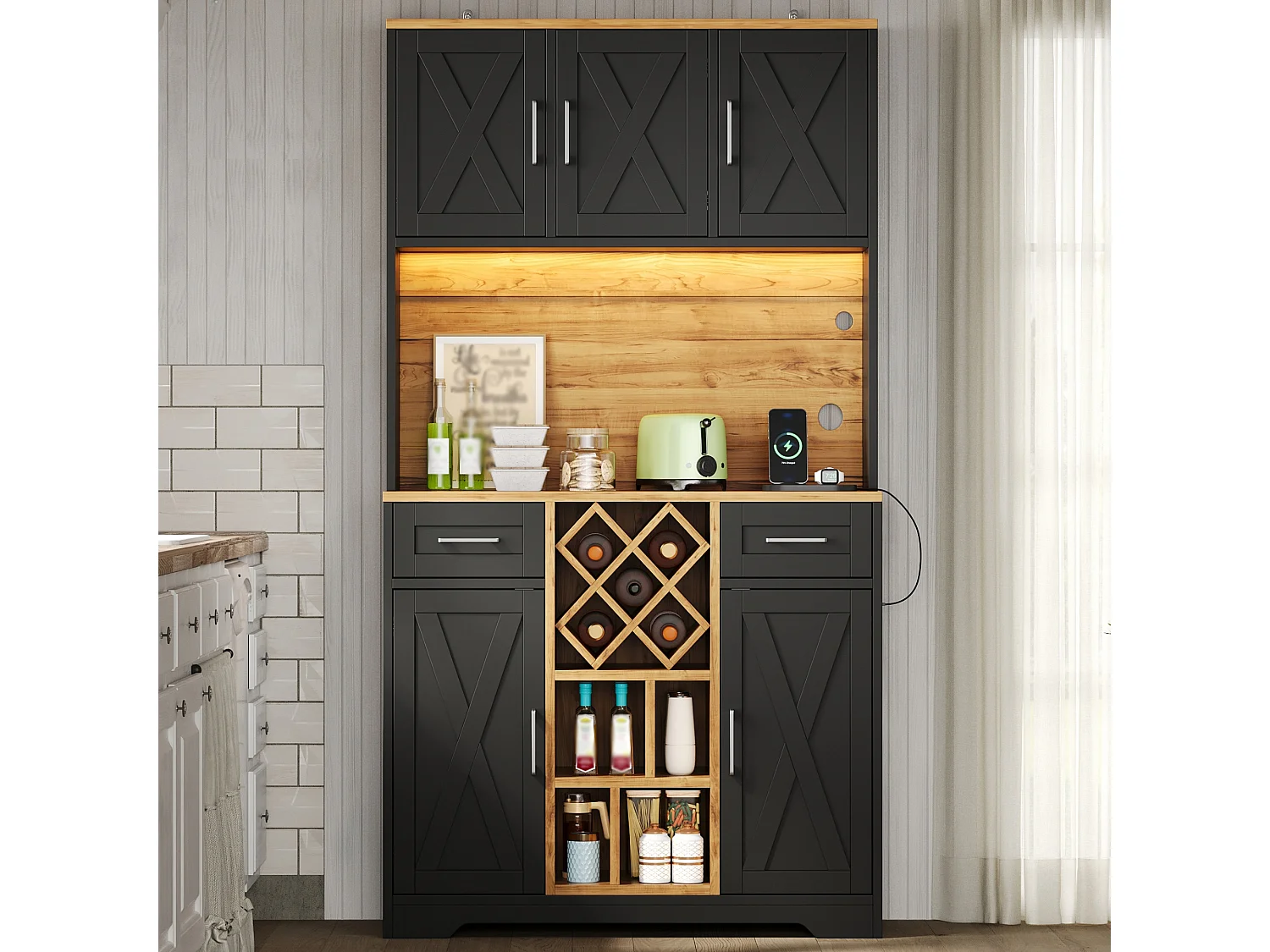 Hoge keukenkast met ledverlichting, 5 deuren, 2 lades, uitneembaar wijnrek, 2 stopcontacten en 2 USB-poorten - MDF - 105 x 40 x 180 cm - Zwart