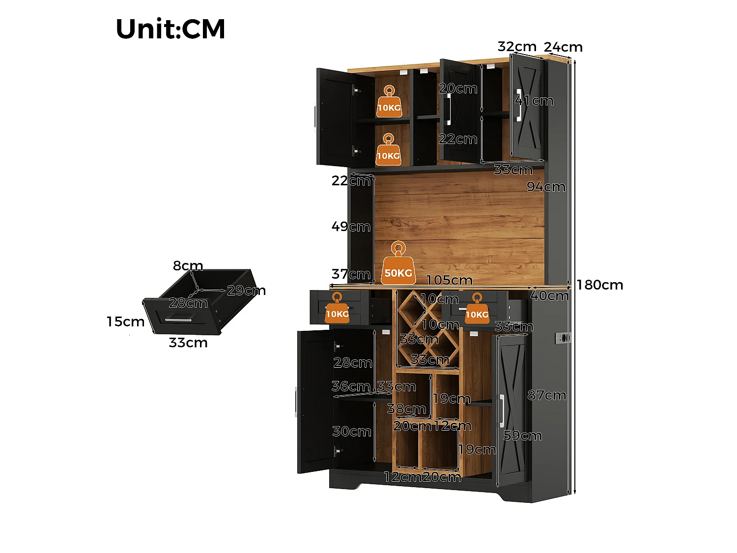Hoge keukenkast met ledverlichting, 5 deuren, 2 lades, uitneembaar wijnrek, 2 stopcontacten en 2 USB-poorten - MDF - 105 x 40 x 180 cm - Zwart