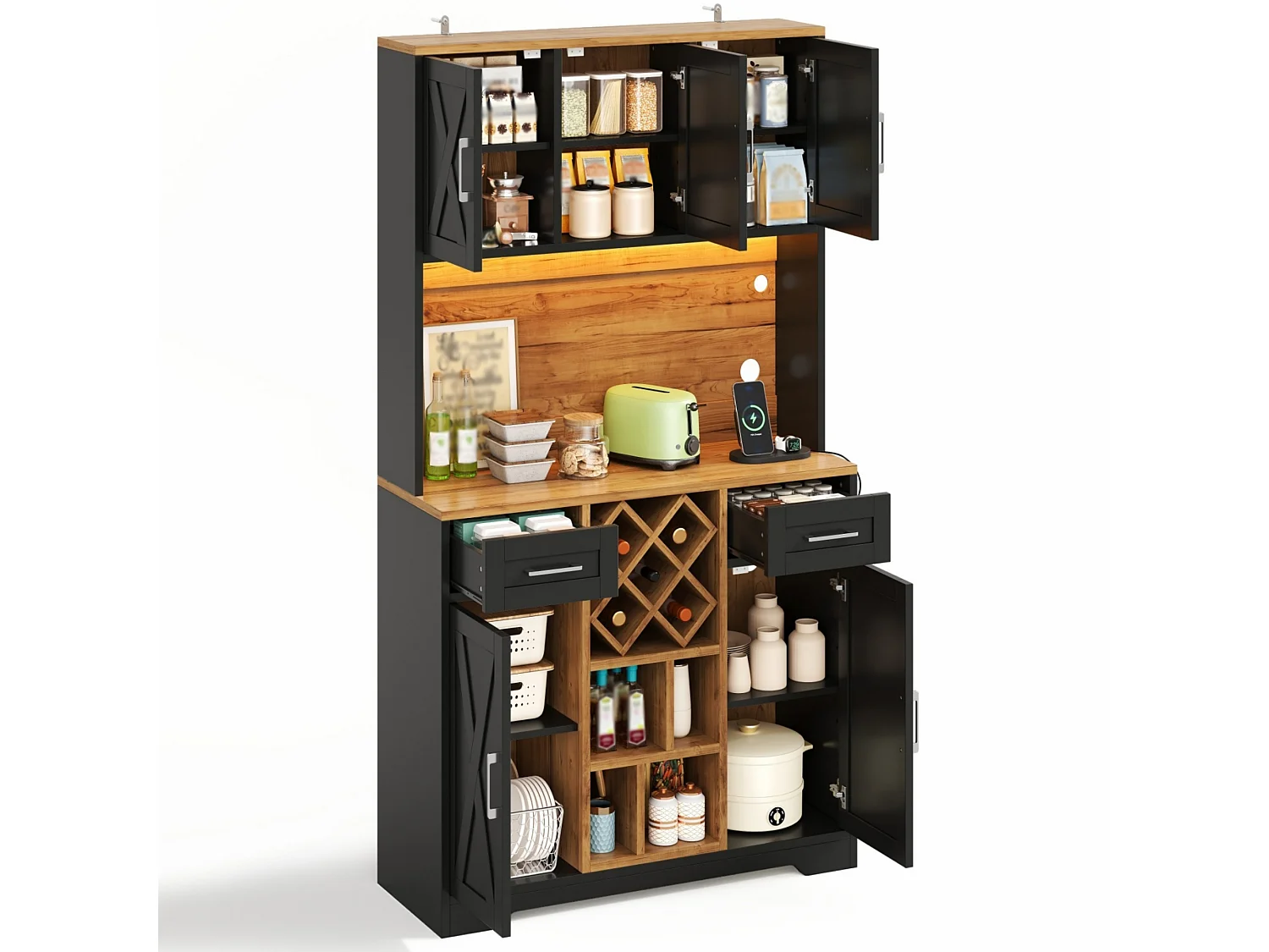 Hoge keukenkast met ledverlichting, 5 deuren, 2 lades, uitneembaar wijnrek, 2 stopcontacten en 2 USB-poorten - MDF - 105 x 40 x 180 cm - Zwart