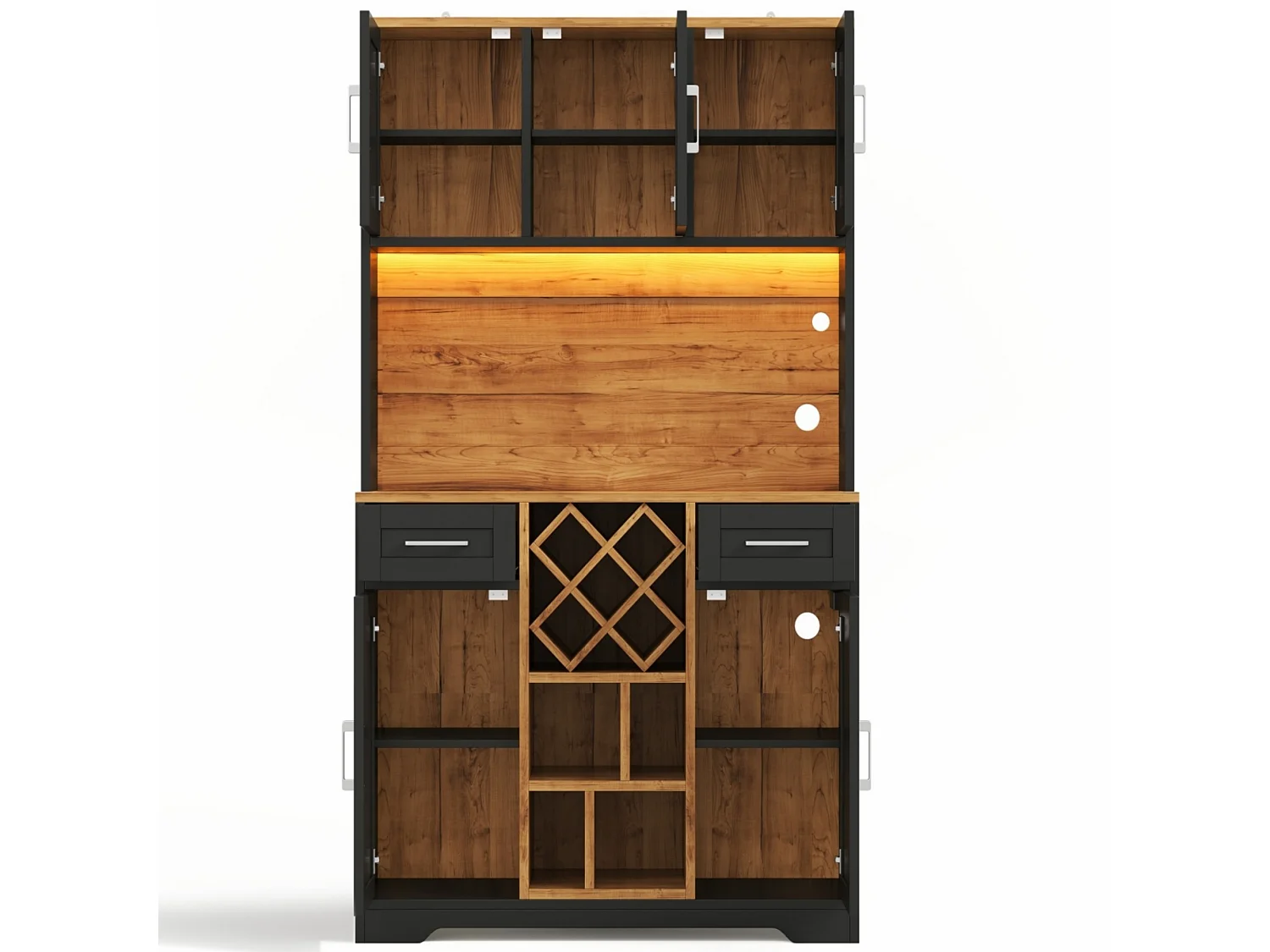 Hoge keukenkast met ledverlichting, 5 deuren, 2 lades, uitneembaar wijnrek, 2 stopcontacten en 2 USB-poorten - MDF - 105 x 40 x 180 cm - Zwart