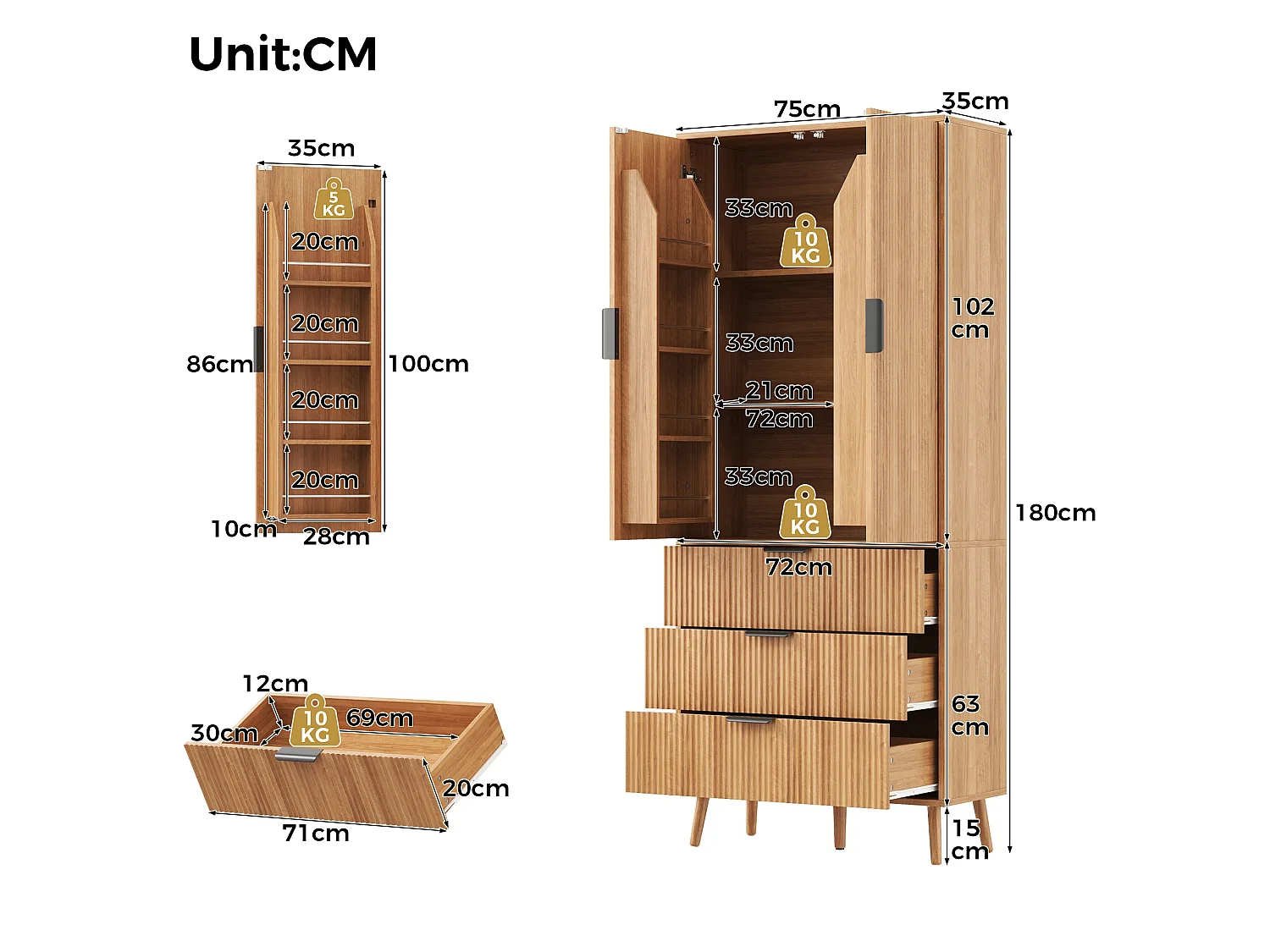 Hoge keukenkast met 2 deuren, 3 lades, deurvakken en verstelbare planken - MDF - 75 x 35 x 180 cm - Naturel