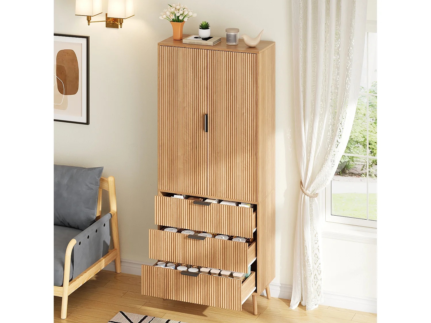 Hoge keukenkast met 2 deuren, 3 lades, deurvakken en verstelbare planken - MDF - 75 x 35 x 180 cm - Naturel