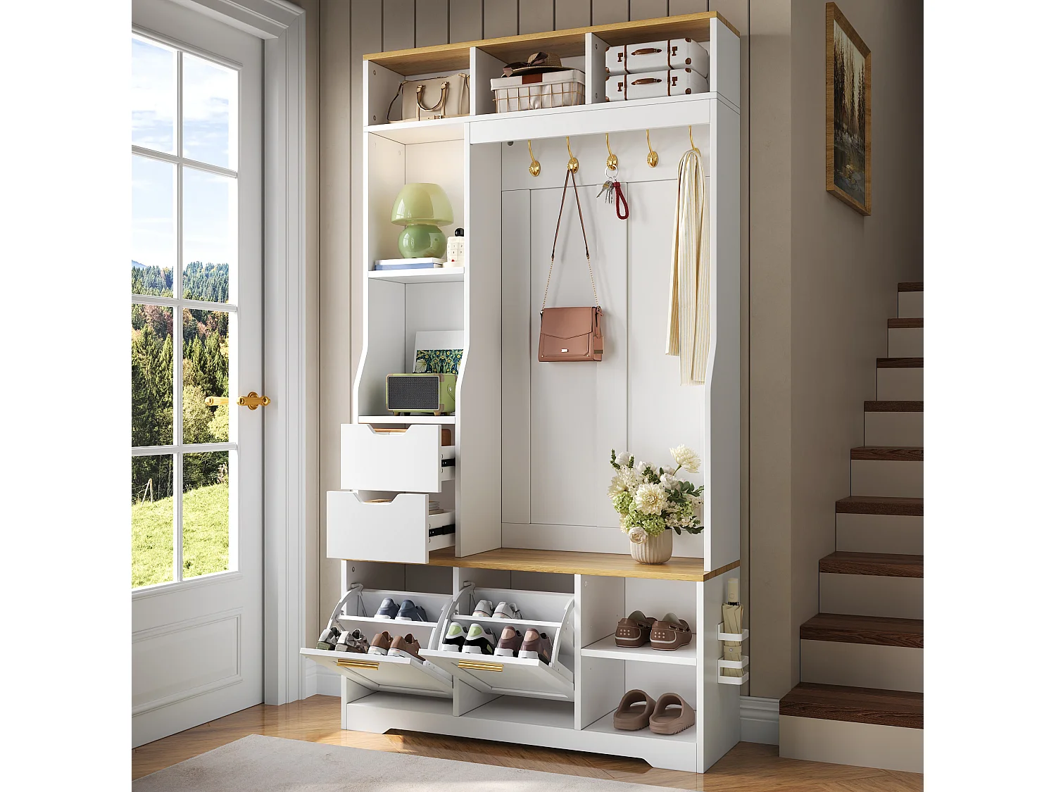 Schuhschrank mit Sitzbank, 2 Klapptüren, 2 Schubladen, 5 Haken und LED-Beleuchtung – MDF und Spanplatte – Weiß