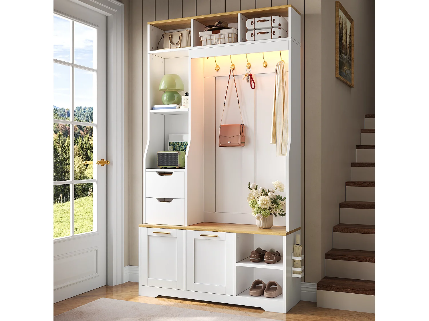 Schuhschrank mit Sitzbank, 2 Klapptüren, 2 Schubladen, 5 Haken und LED-Beleuchtung – MDF und Spanplatte – Weiß
