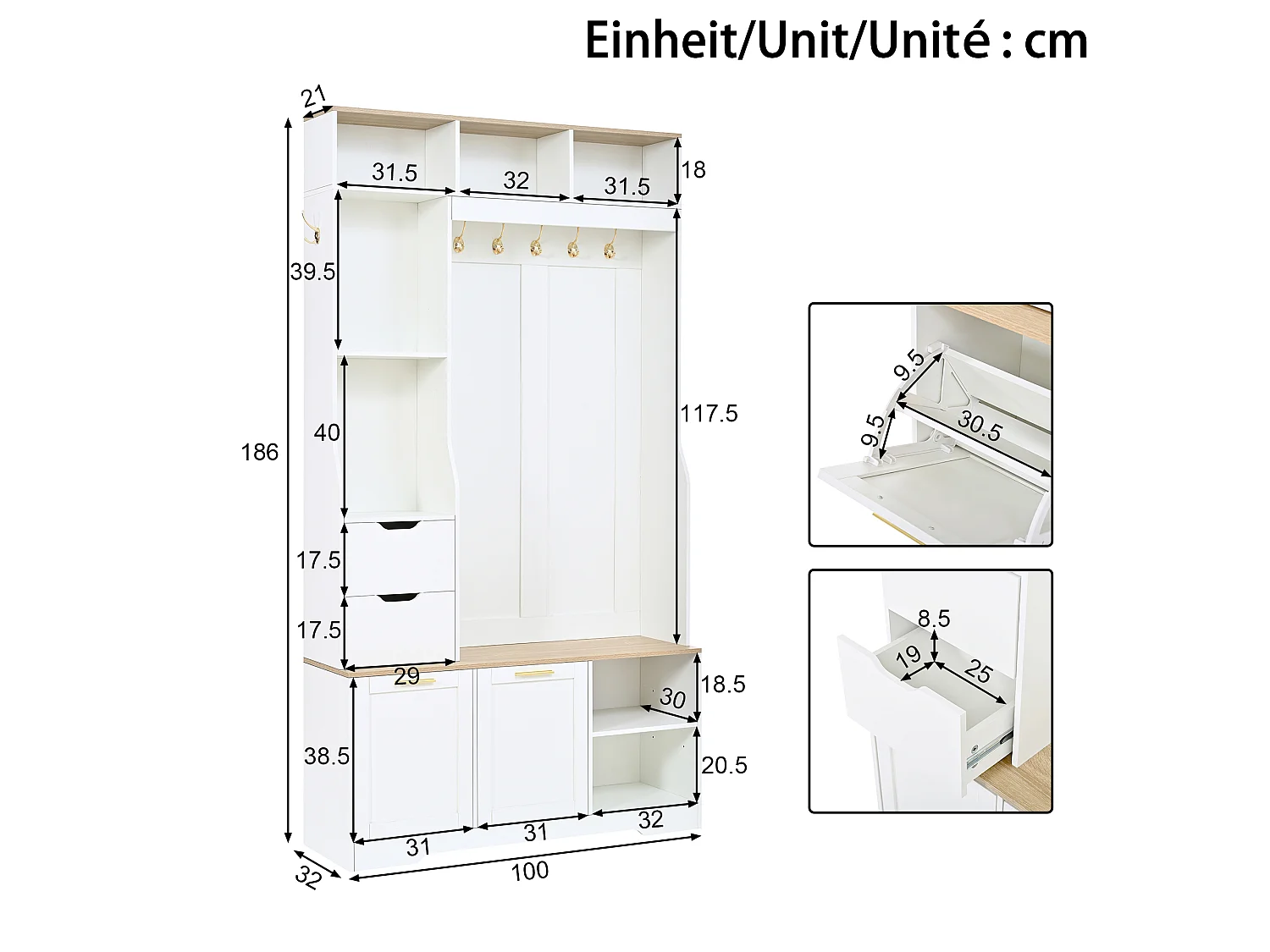 Schuhschrank mit Sitzbank, 2 Klapptüren, 2 Schubladen, 5 Haken und LED-Beleuchtung – MDF und Spanplatte – Weiß