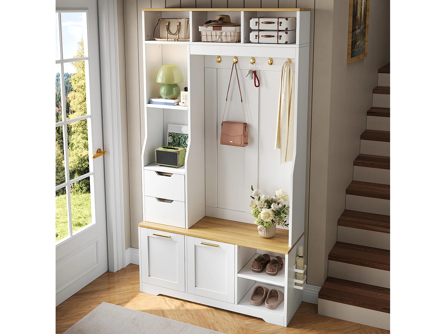 Schuhschrank mit Sitzbank, 2 Klapptüren, 2 Schubladen, 5 Haken und LED-Beleuchtung – MDF und Spanplatte – Weiß